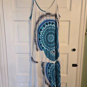 VENUS Boho Blue White Geometric Tank Dress Adjustable Straps - Large